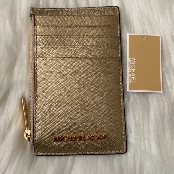 MICHAEL KORS Jet Set Travel Medium Top Zip Card Case in Metalllic Pale Gold - Picture 1 of 2